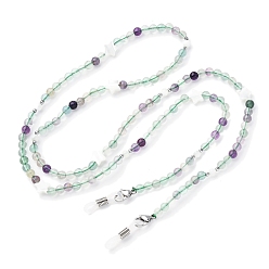 Флюорит Цепочки для очков, натуральный флюорит цепочки шейный ремешок для очков, с резиновыми петлями на концах, натуральной ракушкой, натуральной гематитовой бусиной-разделителем и фурнитурой из нержавеющей стали, 740x4.5~8.5 мм