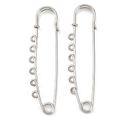Stainless Steel Color 304 Stainless Steel Safety Pins Brooch Findings, Kilt Pins with 6 Loops for Lapel Pin Making, Stainless Steel Color, 75x20.5x5.5mm, Hole: 2mm