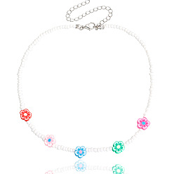 white Bohemian 3mm Colorful Beaded Soft Clay Flower Necklace for Women - Handmade Fashion Jewelry