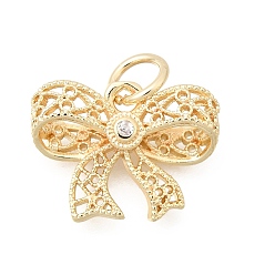 Light Gold Латунные микропаве прозрачные подвески с фианитом, подвески-бантики полые, стойки покрытие, долговечный, без свинца и без кадмия, золотой свет, 13x17x5 мм, отверстие : 4 мм