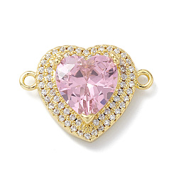 Pearl Pink Rack Plating Brass Pave Cubic Zirconia Connector Charms, Heart Links, Lead Free & Cadmium Free, Long-Lasting Plated, Real 18K Gold Plated, Pearl Pink, 16x22x7mm, Hole: 1.6mm
