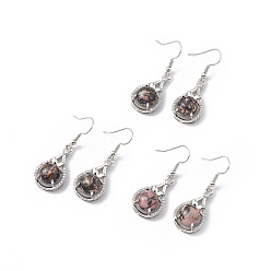 Родонит Серьги-капли из натурального родонита с кристаллами и стразами, платиновые латунные украшения для женщин, 42 мм, штифты : 0.6 мм