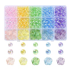 Mixed Color 545Pcs 15 Style Transparent Acrylic Beads, AB Colors Plated, Round & Flower, Mixed Color, 6~18.5x6~19x6~8mm, Hole: 1.6~2mm