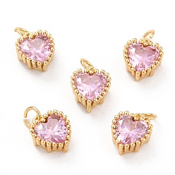Pink Real 18K Gold Plated Brass Inlaid Cubic Zirconia Charms, with Jump Ring, Long-Lasting Plated, Heart, Pink, 8.5x7x4mm, Jump Ring: 4x0.5mm, 2.5mm Inner Diameter