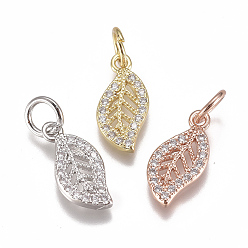 Mixed Color Brass Micro Pave Cubic Zirconia Charms, with Jump Ring, Long-Lasting Plated, Leaf, Clear, Mixed Color, 13x6x1mm, Hole: 3mm