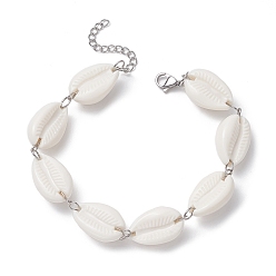 White Acrylic Shell Bead Link Anklets, with 304 Stainless Steel Lobster Claw Clasp, White, 8-5/8 inch(21.9cm)