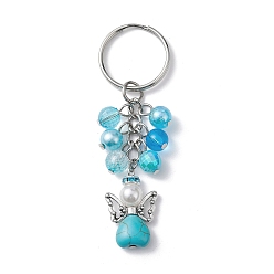 Platinum Synthetic Turquoise Keychains, with Acrylic Beads and Iron Split Key Rings, Angel, Platinum, 8cm