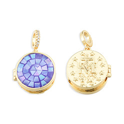 Medium Purple Brass Micro Pave Clear Cubic Zirconia Locket Pendants, with Natural Abalone Shell/Paua Shell, Dyed, Nickel Free, Real 18K Gold Plated, Flat Round Charm with Virgin Mary Pattern Inside, Medium Purple, 21x19x8mm, Hole: 4x5.5mm