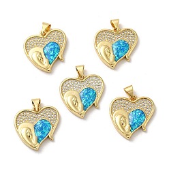 Real 18K Gold Plated Rack Plating Brass Micro Pave Cubic Zirconia with Synthetic Opal Pendants, with Jump Ring, Lead Free & Cadmium Free, Long-Lasting Plated, Heart, Real 18K Gold Plated, 19.5x19x3.9mm, Hole: 5x3.6mm