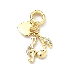 Настоящее золото 18K Латунь микропаве прозрачный кубический цирконий европейские подвески с подвесками, подвески в форме сердца с музыкальными нотами и большим отверстием, долговечный, без кадмия и без свинца, стойки покрытие, реальный 18 k позолоченный, 28 мм, отверстие : 4.8 мм