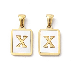 Letter X Ion Plating(IP) 304 Stainless Steel Pave Shell Pendants, Rectangle Charm, Real 18K Gold Plated, Letter X, 17.5x12x1.5mm, Hole: 3x5mm