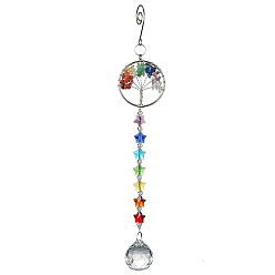 Colorful Crystals Chandelier Suncatchers Prisms, Star Chakra Hanging Pendants, with Gemstone Chips, for Home, Garden Decoration, Flat Round with Tree of Life, Colorful, 283mm
