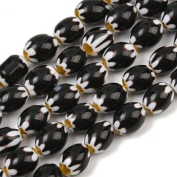 Schwarz Handgefertigte ovale Millefiori-Glasperlenstränge, Chevron-Perlen, einzelne Blumen-Design, Schwarz, 12~13.5x10 mm, Bohrung: 1.2~1.4 mm, ca. 28 Stk. / Strang, 13.98''~14.21'' (35.5~36.1 cm)