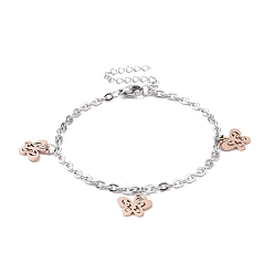 Rose Gold & Stainless Steel Color 304 Stainless Steel Butterfly Charm Bracelet with Cable Chains for Women, Rose Gold & Stainless Steel Color, 7-1/8 inch(18cm)