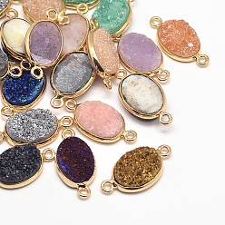 Mixed Color Electroplate Natural Druzy Crystal Links connectors, with Golden Tone Brass Findings, Oval, Dyed, Mixed Color, 23x12x4~8mm, Hole: 2mm