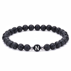 N Natural Volcanic Stone Letter Bracelet with Elastic Cord - 26 English Alphabet Charms for Couples
