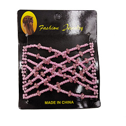 Pink Steel Hair Bun Maker, Stretch Double Hair Comb, with Glass & Acrylic Beads, Pink, 75x85mm