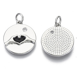 Black Brass Micro Pave Cubic Zirconia Pendants, with Enamel & Jump Rings, Nickel Free, Valentine's Day, Flat Round with Heart, Clear, Real Platinum Plated, Black, 18x16x2.5mm, Jump Ring: 5.5x0.8mm, inner diameter: 3mm.