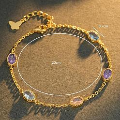 Doré  925 Bracelets en argent sterling sertis de zirconiums cubiques ovales colorés, à maillons, pour couples, bijoux de mode décontractés, or, 7.87 pouce (20 cm)