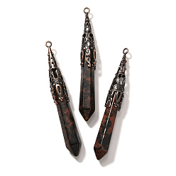 Красный Обсидиан Большие остроконечные подвески из натурального обсидиана красного дерева, граненые брелоки-пули с латунной фурнитурой, Красная медь, без кадмия и без свинца, 77~84x12 мм, отверстие : 2.5 мм