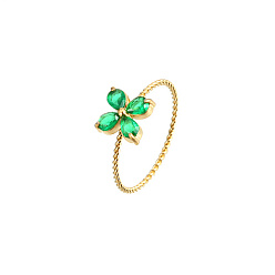Flower Golden Stainless Steel with Green Cubic Zirconia Finger Ring, Flower, 1.1mm, Inner Diameter: 18.6mm, Flower: 7.9mm