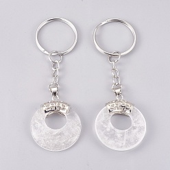 Quartz Crystal Natural Quartz Crystal Keychain, with Platinum Plated Iron Key Rings and Brass Findings, Flat Round, 84mm