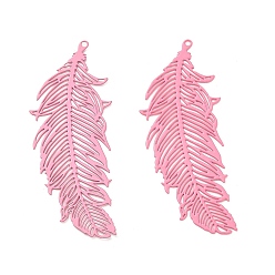Pink Spray Painted 430 Stainless Steel Pendants, Etched Metal Embellishments, Leaf Charm, Pink, 47x18.5x0.3mm, Hole: 1.2mm