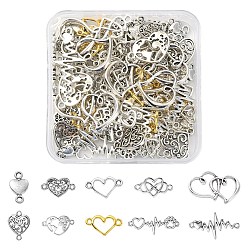 Antique Silver & Golden 100Pcs 10 Styles Tibetan Style Alloy Connector Charms, Heart Links, Mixed Shapes, Antique Silver & Golden, 8~24x14.5~31x1.5~3mm, Hole: 1~15mm
