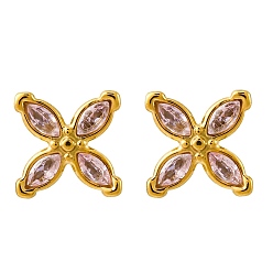 Pink 304 Stainless Steel Stud Earrings, with Cubic Zirconia, Ion Plating(IP), Flower, Golden, Pink, 13x13mm