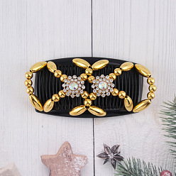 Gold Wood Hair Bun Maker, Stretch Double Hair Comb, with Plastic Bead and Rhinestone, Gold, 75x107mm