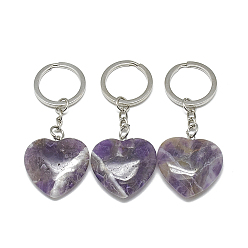 Amethyst Natural Amethyst Keychain, with Iron Findings, Heart, Platinum, 73~76mm