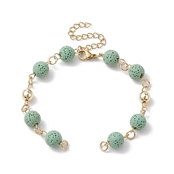 Dark Sea Green Dyed Natural Lava Rock Round Beaded Chain Bracelet Making, with Golden 304 Stainless Steel Findings, Fit for Connector Charms, Dark Sea Green, 6-3/4 inch(17cm)