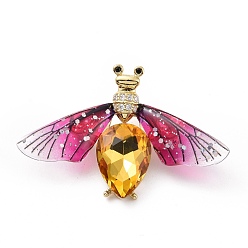Fuchsia Bling Resin Bee Lapel Pin with Orange Glass, Real 18K Gold Plated Brass Badge for Backpack Clothes, Cadmium Free & Lead Free, Fuchsia, 32.5x48.5x7mm