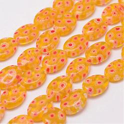 Orange Handmade Millefiori Glass Bead Strands, Flat Oval, Orange, 12~14x10x3~4mm, Hole: 1mm, about 29~35pcs/strand, 15.3 inch