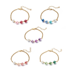 Mixed Color Glass Pearls Link Bracelet with 304 Stainless Steel Curb Chains for Women, Mixed Color, 7-1/4 inch(18.5cm)