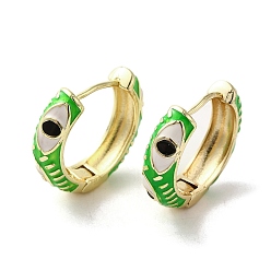 Lime Green Horse Eye Real 18K Gold Plated Brass Hoop Earrings, with Enamel, Lime Green, 22~22.5x6mm