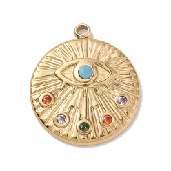 Flat Round 304 Stainless Steel Evil Eye Pendants, with Colorful Rhinestone and 201 Stainless Steel Snap on Bails, Golden, Acalanatha, 17.5x15x2.5mm, Hole: 1.6mm
