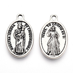 Antique Silver Tibetan Style Alloy Pendants, Cadmium Free & Lead Free, Oval with Virgin Mary, Antique Silver, 25x15.5x2.5mm, Hole: 2mm