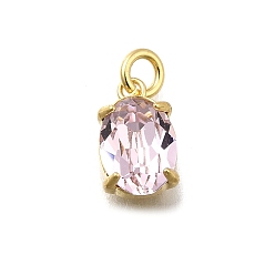 Pink Овальная латунь со стеклянными подвесками, одиночные каменные прелести, без кадмия и без свинца, долговечный, стойки покрытие, реальный 18 k позолоченный, розовые, 10x6x4.5 мм, отверстие : 2 мм