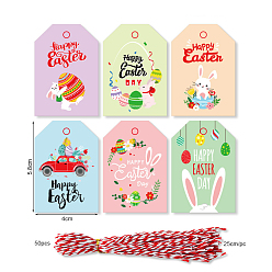 Mixed Color Easter Themed Paper Hang Gift Tags, with Cotton Cord, Mixed Color, Tags: 5.8x4cm, 50pcs/bag