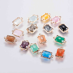 Mixed Color Glass Links connectors, with Brass Finding, Faceted, Rectangle, Golden, Mixed Color, 15x9x4mm, Hole: 0.6mm