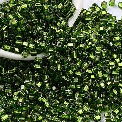 Dark Olive Green Glass Seed Beads, Silver Lined, Square, Dark Olive Green, 3~3.5x2.5~3x2.5~3mm, Hole: 1mm, about 10714pcs/pound
