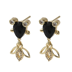 Черный Серьги-гвоздики в форме рыбок из латуни с микропаве из кубических цирконий, со стеклом, стойки покрытие, золотые, чёрные, 20.5x10.5 мм