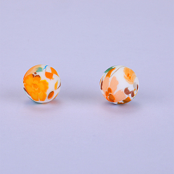 Gold Printed Round with Flower Pattern Silicone Focal Beads, Gold, 15x15mm, Hole: 2mm