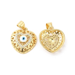 Real 16K Gold Plated Brass Micro Pave Clear Cubic Zirconia Pendants, with Enamel, Heart with Evil Eye Charms, Real 16K Gold Plated, 17x16x5mm, Hole: 4.5x3.5mm