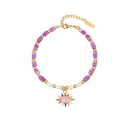Colorful Stainless Steel Enamel Eye Charm Bracelets, with Natural Amethyst Beaded Chains, Colorful, 7-1/8 inch(18cm), Pendant: 17.1x18.2mm
