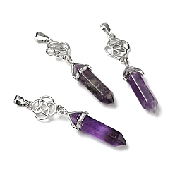 Amethyst Natural Amethyst Pendant, with Platinum Tone Brass Findings, Cadmium Free & Lead Free, Flower, 65~68mm, Hole: 4.6x8mm