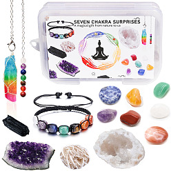 Mixed Stone Nuggets Gemstone Cluster & Bracelet & Pendulum Pendant Set, Gemstone Home Divination Supplies, for Reiki Chakra Meditation Therapy Decos, 140x100x35mm