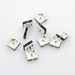 Изумруд Латунные бусины разделители для поставки стразов, класс А, квадратный, без никеля , серебряные, изумруд, 8x8x4 мм, отверстие : 1 мм