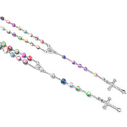 Colorful Rosary Bead Necklace, Alloy Crucifix Cross Pendant Necklace with Polymer Clay Round Beaded Chains for Women, Colorful, 19.69 inch(50cm)